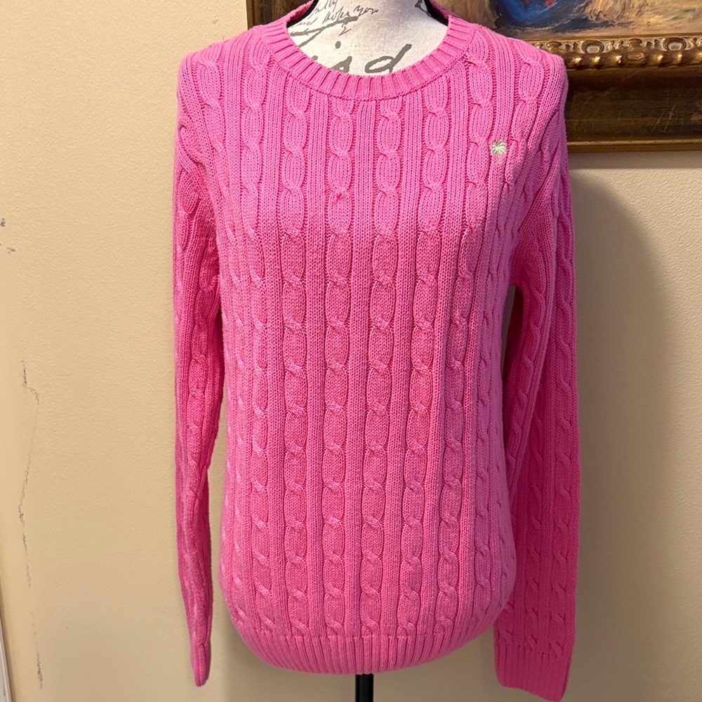 💗🌴Lilly Pulitzer Clasdiv Pink Cable Knit Ling Sleeve Comfy preppy Sweater